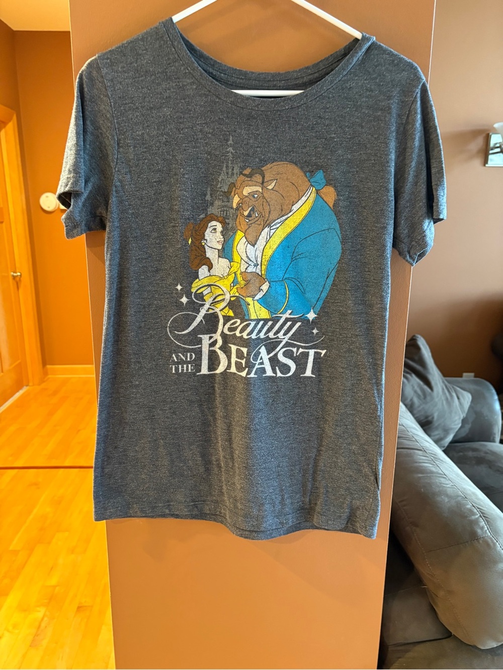 Disney Beauty and the Beast Graphic Tee - Gray with Blue & Yellow Accents